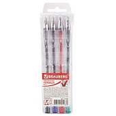 Ручки гелевые BRAUBERG, набор 4 шт., "Jet", узел 0,5 мм, линия 0,35 мм, подвес, (синяя, черная, красная, зеленая), 141023