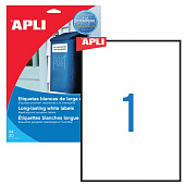 Этикетка самоклеящаяся APLI на листе формата А4, 1 этикетка, размер 210х297 мм, всепогодная, белая, 20 л., 01228
