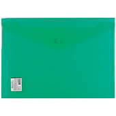 Папка-конверт с кнопкой BRAUBERG, А4, прозрачная, плотная, зеленая, до 100 листов, 0,18 мм, 224810