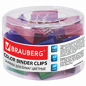 Зажимы для бумаг BRAUBERG, комплект 24 шт., 32 мм, на 140 л., цветные, в пластиковом цилиндре, 221129