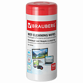 Чистящие салфетки BRAUBERG для экранов мониторов и оптических поверхностей, влажные, в тубе 100 шт., 510122